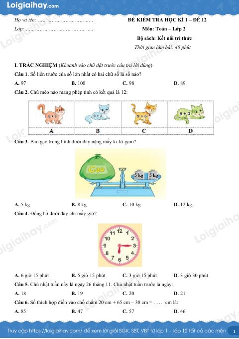 Đề kiểm tra học kì 1 Toán 2 Kết nối tri thức - Đề số 12